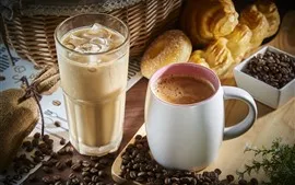 Preview wallpaper Two cups of coffee, drinks, coffee beans