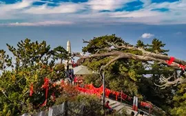 Preview wallpaper Huashan, mountain top, trees, blue sky, people
